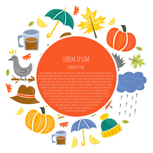 矢量插图与卡通孤立的秋季图标。南瓜, 树叶, 雨, 雨伞, 南瓜馅饼, 树, 柠檬茶。秋天季节秋天对象。卡通背景