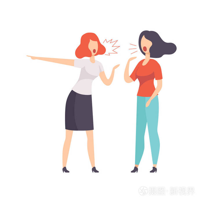 两名年轻女子在白色背景上争吵矢量插图