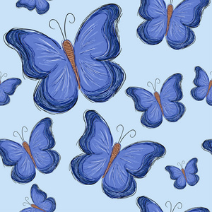 无缝模式与蓝色手绘制的蝴蝶