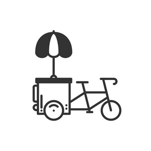 街头食品零售细线图标。三轮车贸易车。快餐车自行车 自行车。轮商店 咖啡馆 流动小卖亭 失速。矢量风格线性图标。孤立的平面