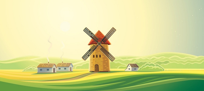 乡村景观风车与房子照片