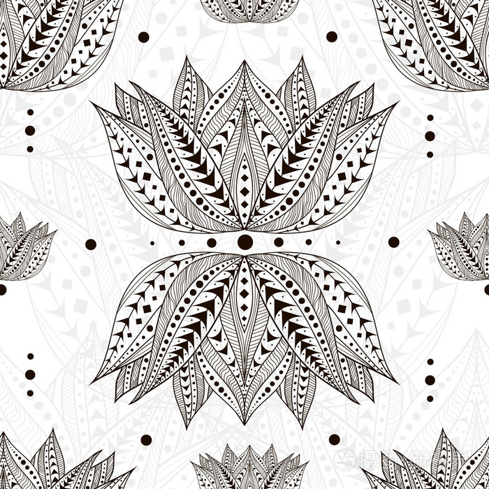 黑色和白色纹理.波西米亚风背景与莲花.矢量图