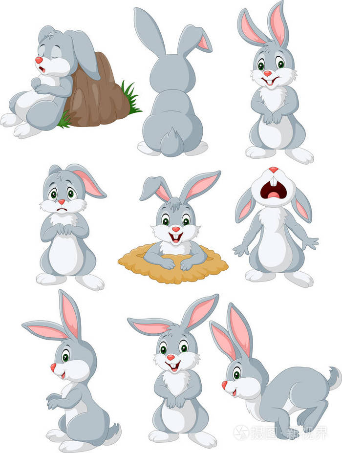用不同的姿势和表情卡通兔