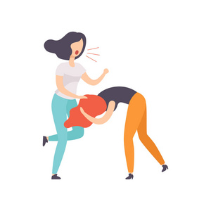 两名年轻女子吵架打架, 在白色背景上的侵略性和暴力行为矢量插图照片