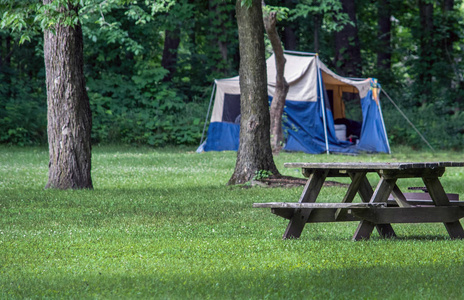 一个帐篷是建立在印第安纳州立公园, 附近的野餐桌和树丛的树木