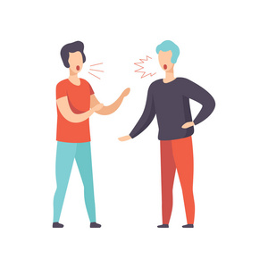 两个年轻人吵架, 攻击性和暴力行为矢量插图白色背景照片