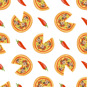 披萨无缝模式矢量图块切片比萨店食物菜单小吃白色背景成分提供意大利奶酪餐厅