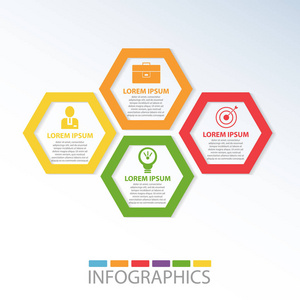 矢量图。带有信息图表 业务 演示文稿 网页设计 启动概念与 4 个选项，步骤 4 彩色几何形状六边形模板。文本和图标
