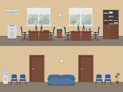 在米色的办公房地。棕色家具和蓝色的椅子，走廊办公房