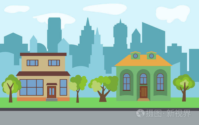 在阳光明媚的日子里, 有两层卡通房子和绿树的矢量城市.夏季城市景观.