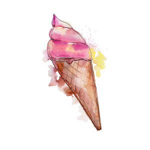 冰淇淋甜的夏天食物。独立的插图元素。香精糖果系列 草莓, 奶油, 锥形, 冷牛奶小吃