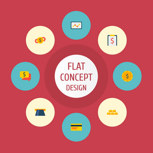 一套金融图标平面样式符号与现金, 黄金, 货币设置和其他图标为您的 web 移动应用程序徽标设计