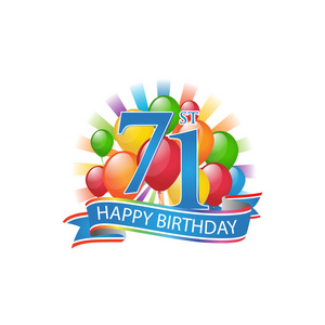 第 71 多彩生日快乐标识与气球和爆裂的强光