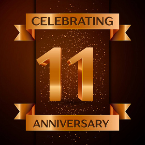 金色的数字, 五彩纸屑和丝带在棕色背景.