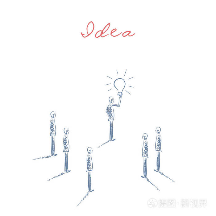 商业创意概念向量与商人拿着灯泡和团队.手的素描画