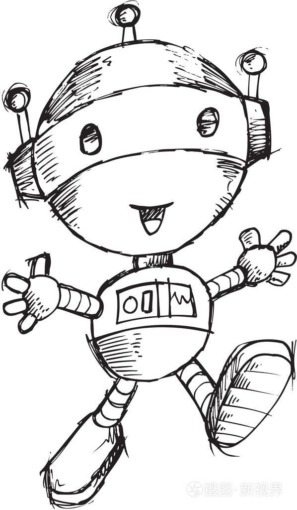 机器人涂鸦素描矢量插图艺术