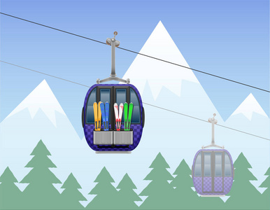 山风景与客舱滑雪索道载体例证被隔绝在白色背景上