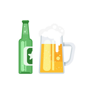 矢量平面样式插画的啤酒瓶和啤酒玻璃