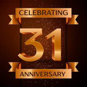 金色的数字, 五彩纸屑和丝带在棕色背景.