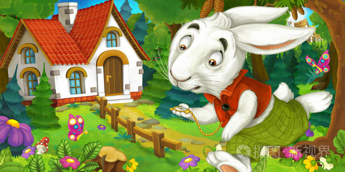 动漫老房子在森林里有趣的兔子是匆匆和运行为儿童插画的背景