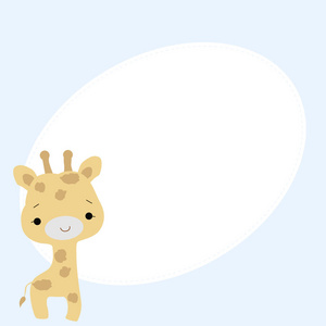 可爱的小宝贝在蓝色背景上的小小长颈鹿椭圆形的架子照片