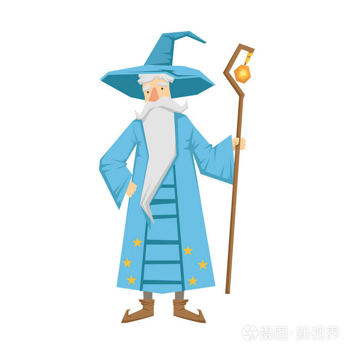 魔法棒魔术的老人.五彩的童话人物插图