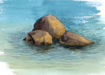 水彩海石头和水