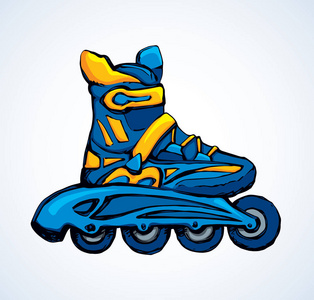 充满活力的钴色手画 rollerskate 对象标志会徽在复古艺术卡通风格