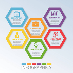 矢量图。图表 业务 演示文稿 网页设计 启动概念与 6 选项，步骤 6 色几何图形六角带模板。文本和图标