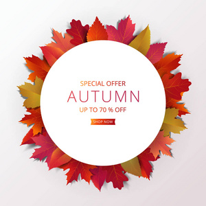 秋季销售横幅布局模板装饰与枫叶和现实的叶子在温暖的颜色色调为购物或促销海报, 传单和网页横幅。矢量插图