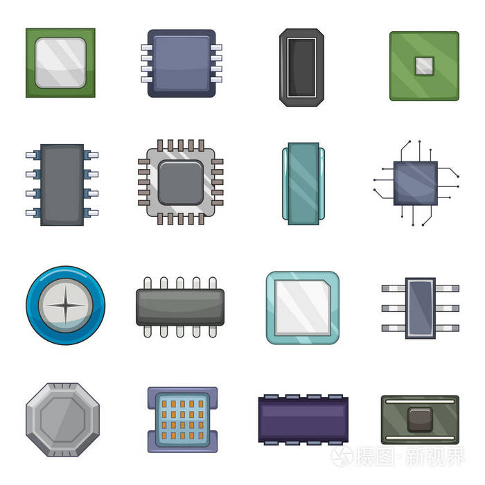 计算机芯片的图标集,卡通风格