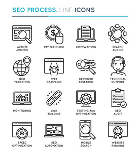 Seo 搜索引擎的优化过程细线图标集。另