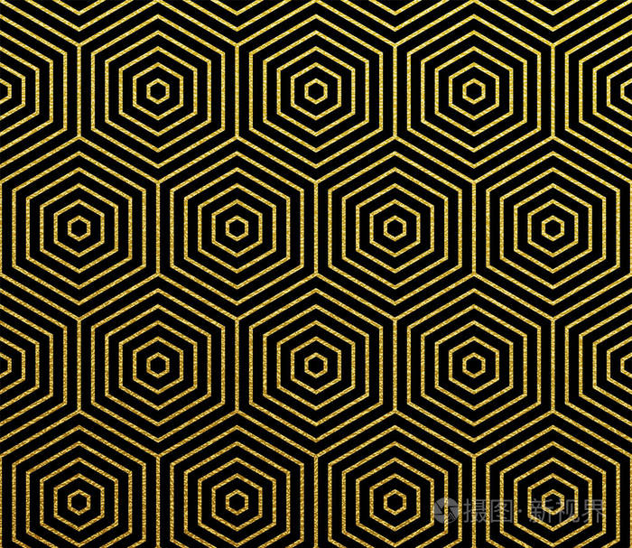 蜂窝线框型无缝金闪光六角镶嵌网格的金色几何图案矢量背景