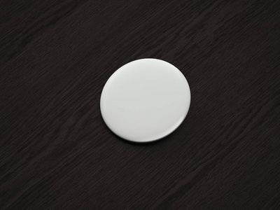 黑色木质背景上的白色空白 pin 按钮, 3d 渲染