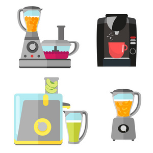 厨房电器设备设置为烹饪。咖啡机 搅拌机 榨汁机和食物处理器。在白色背景上分离平面样式矢量设备