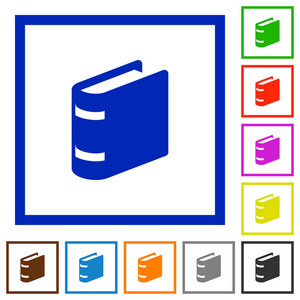 在白色背景下的正方形框架中的单书平面颜色图标