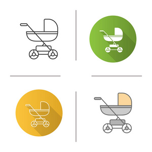 婴儿马车图标。婴儿车, 推车。平面设计, 线形和颜色样式。孤立向量插图