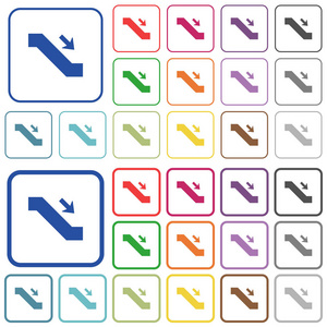 自动扶梯下标圆形方形框架中的彩色平面图标。包含薄和厚版本