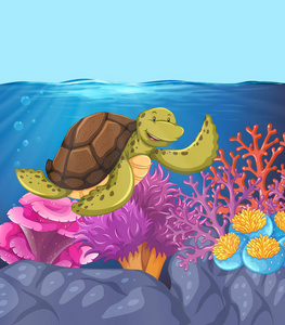 快乐龟水下珊瑚礁场景插图