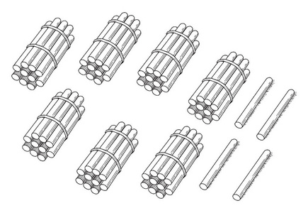 这张计数卡上有棒的艺术品。卡片上有74根棍子插图。棍子被捆绑在一起在小组70和4根棍子被保留在旁边。这些是用来教分组和计数, 复