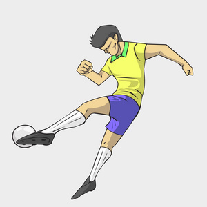 足球球员动作把球踢。卡通矢量和插图