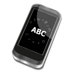 文本 Abc。经营理念。与 web 应用程序图标在屏幕上的智能手机。孤立对白色