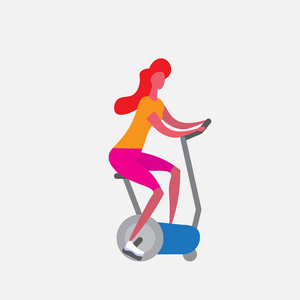 女子训练练习自行车骑固定自行车卡通人物运动女性活动隔离健康生活方式概念全长平
