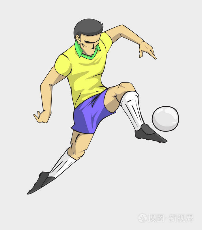 足球球员动作把球踢.卡通矢量和插图