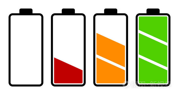 白色背景下电池电荷电平透明隔离集的矢量图解