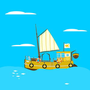 动画片复古渔船在蓝色背景.侧面视图.平面矢量照片