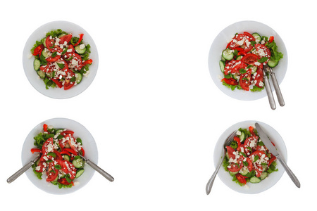Shopska 沙拉在白色的盘子里被隔离在白色的背景上。简约主义的概念