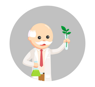 小胡子的植物人科学家实验与植物圆背景照片
