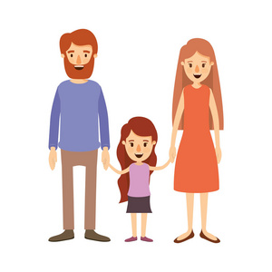 彩色图像漫画家庭与父亲长胡子和长头发与采取手的小女孩的妈妈