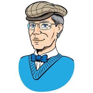 一位老人用贝雷帽和眼镜,60 年代风格的半身像体制和教育材料的理想